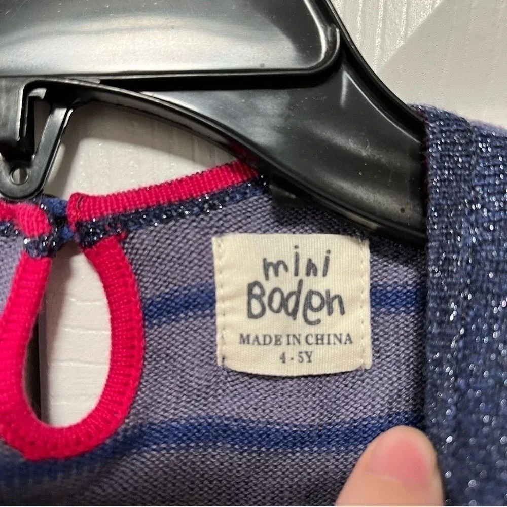 Mini Boden Girls Purple Striped Shimmer Knit Dress Peter Pan Collar 4-5Y